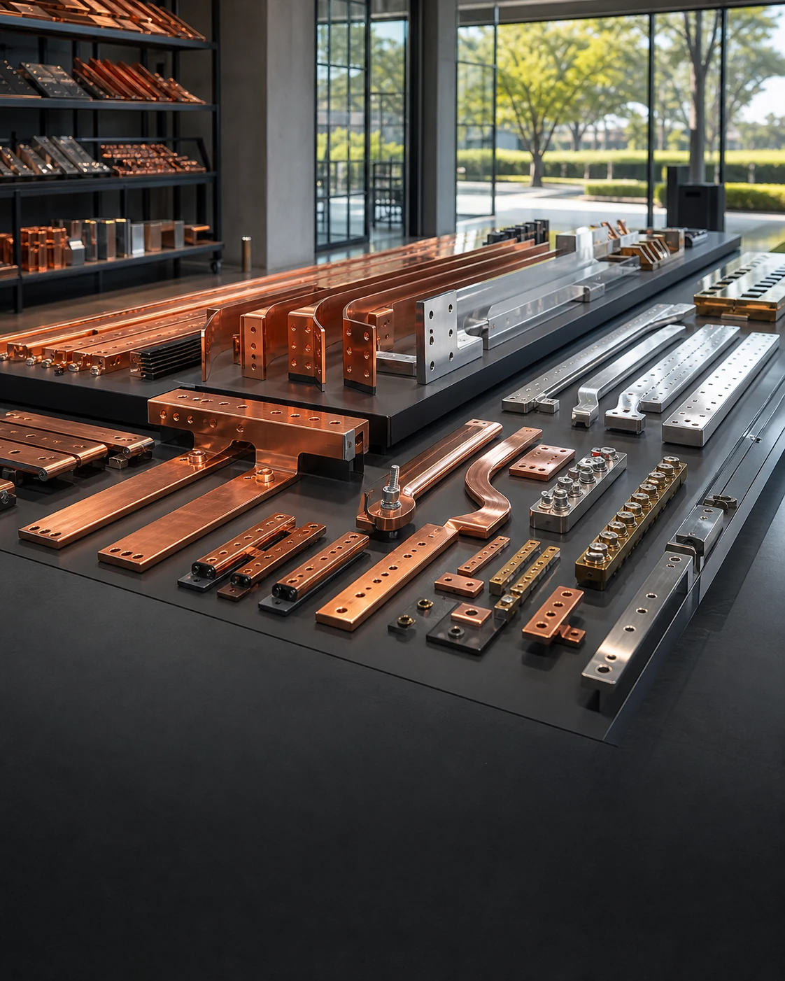 Copper and aluminum conductor products displayed in an industrial showroom