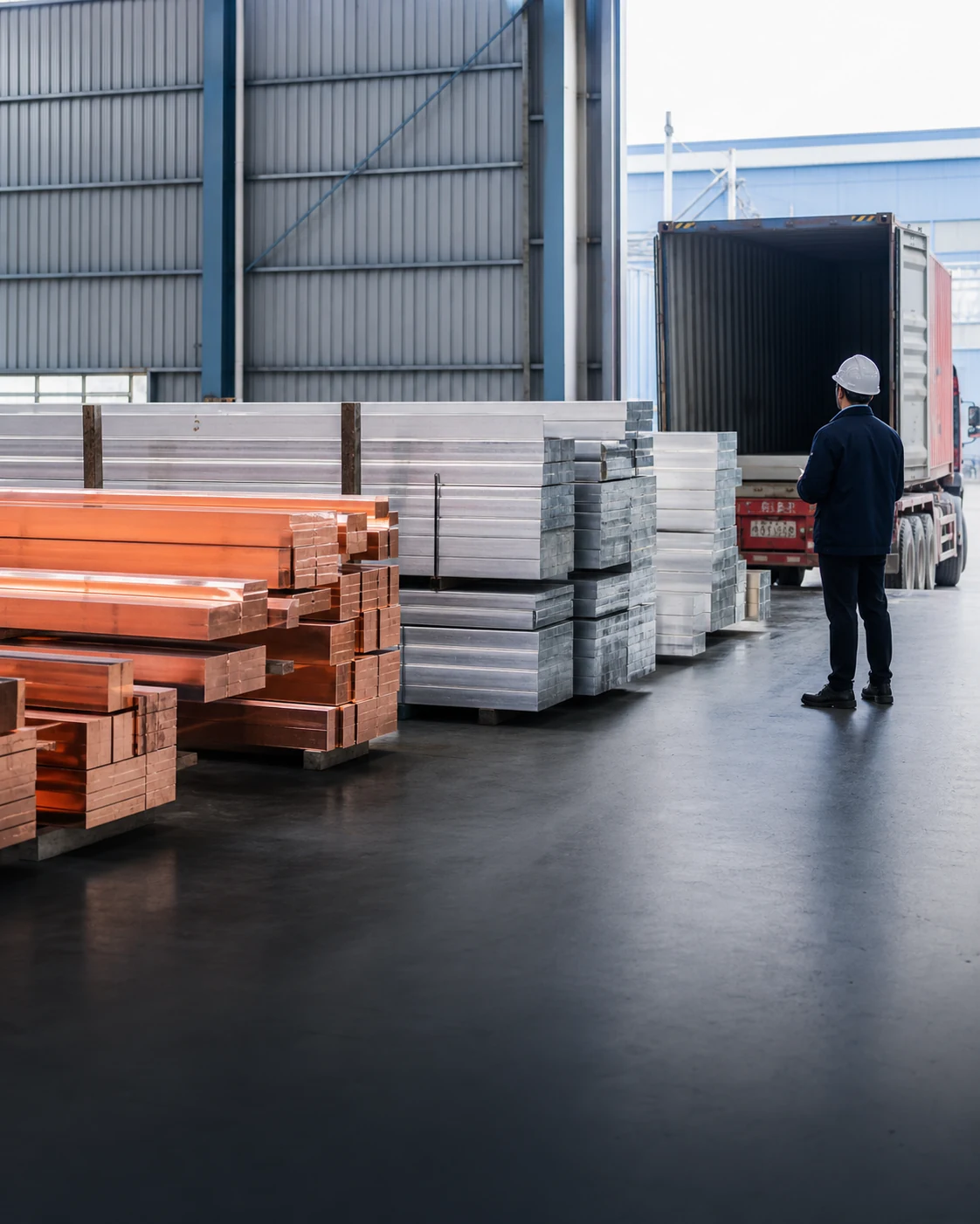 Copper and aluminum bars prepared in an industrial materials warehouse