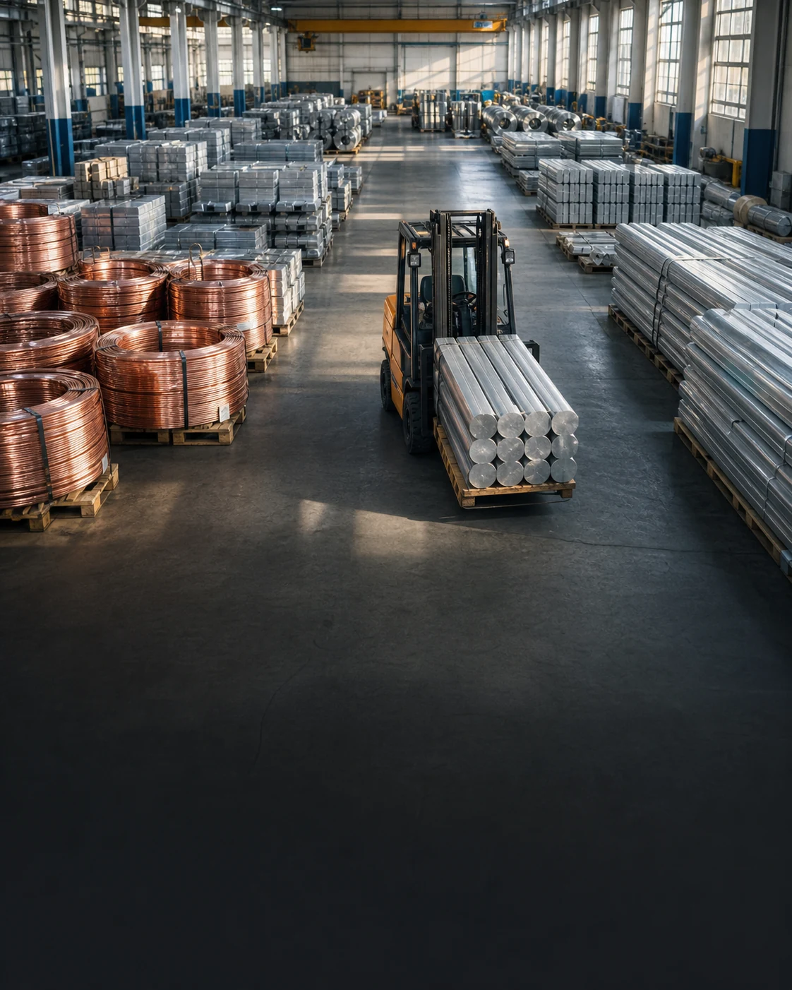 Copper and aluminum materials organized in a supply chain warehouse