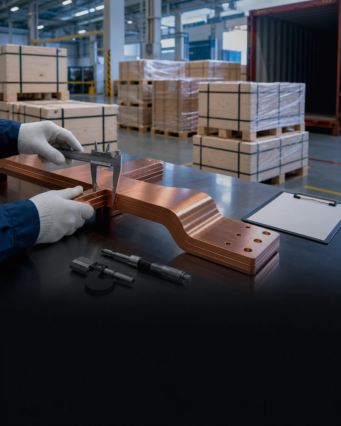 Quality inspection of a copper busbar before export dispatch