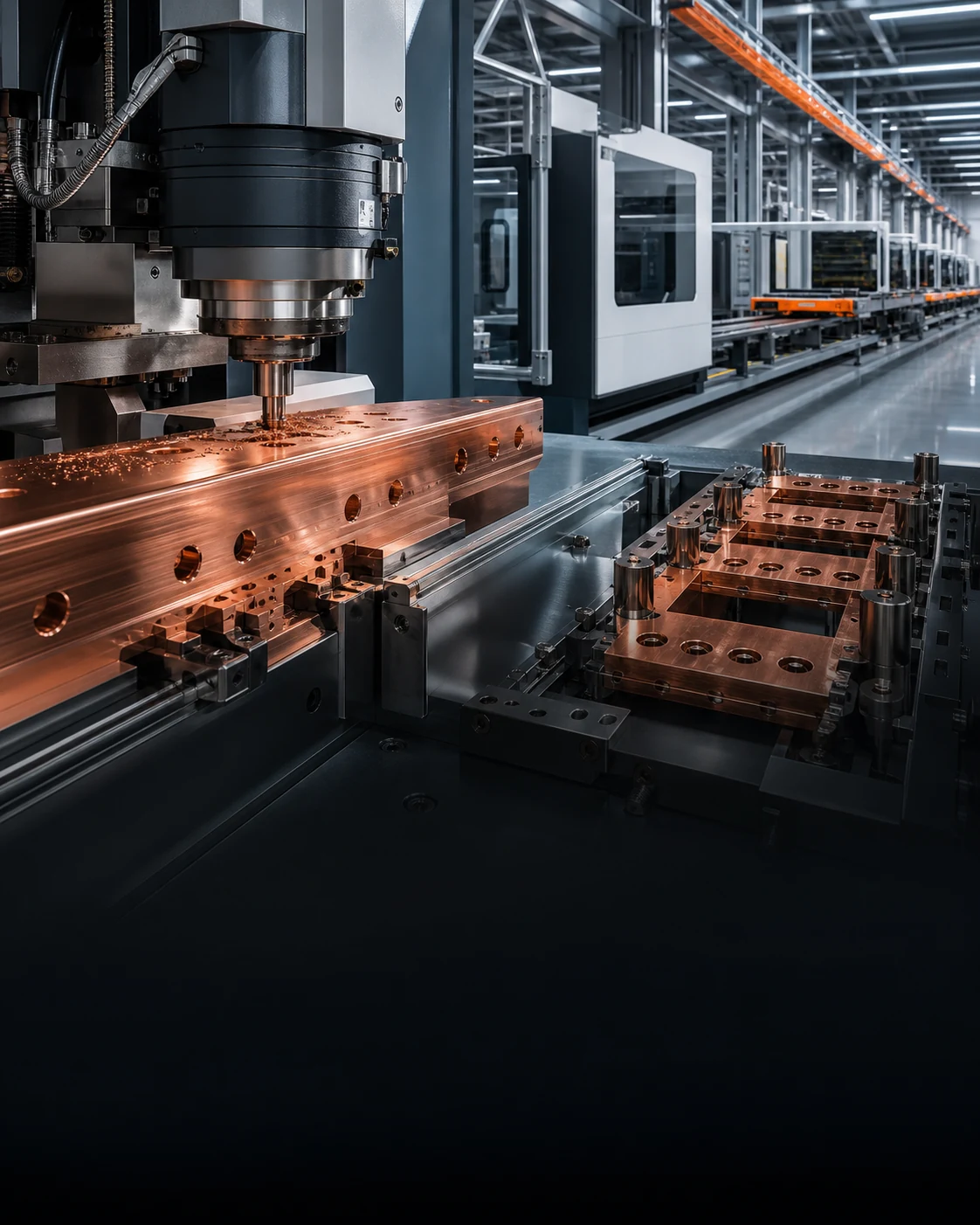 CNC machining of a copper busbar in a modern factory