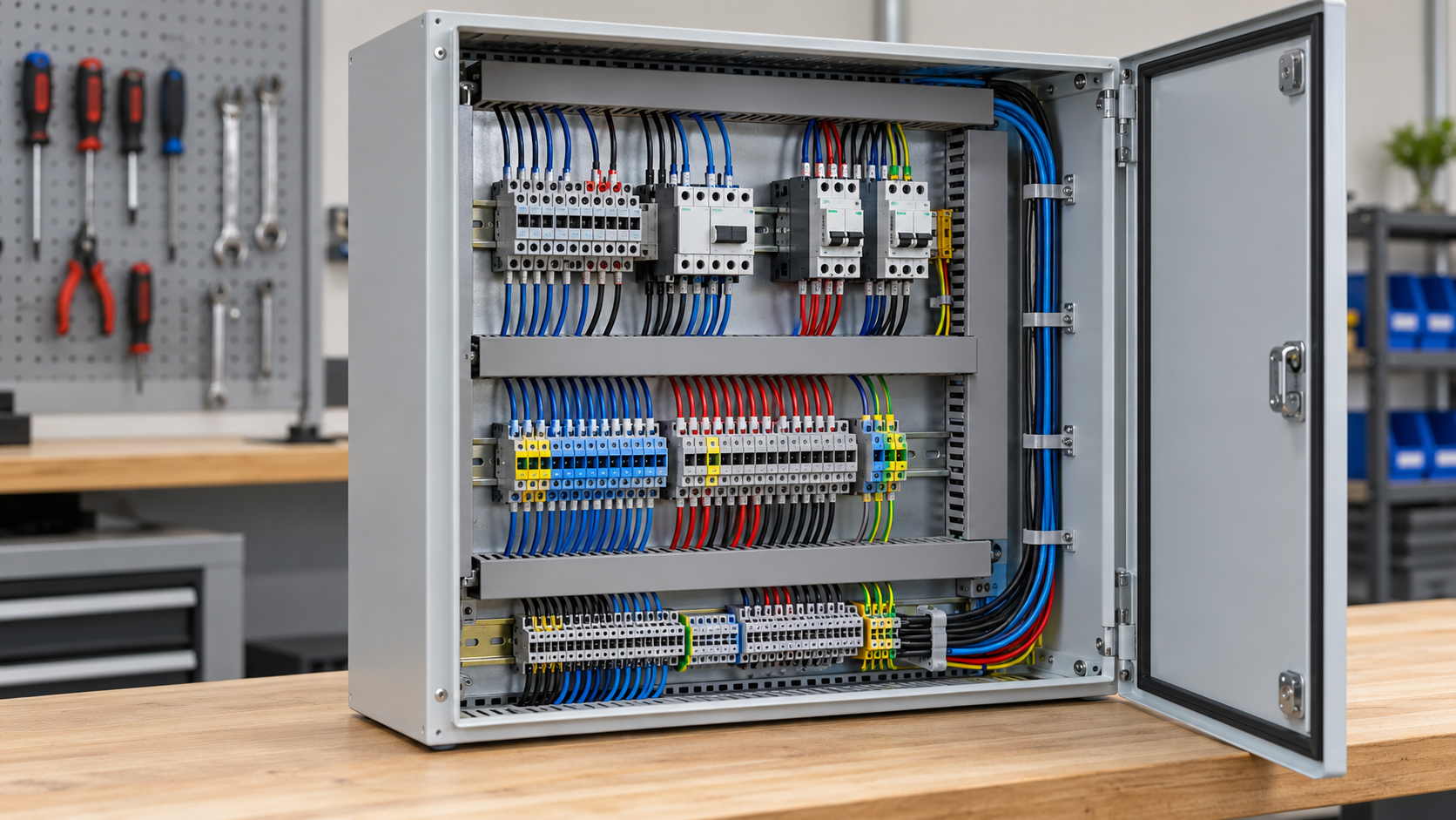 Photorealistic industrial control wiring panel with organized conductors and terminal rows