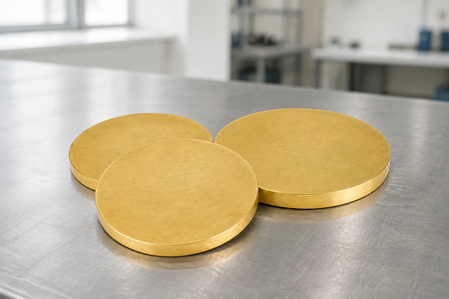 Brass sheet metal blanks inspected before industrial fabrication